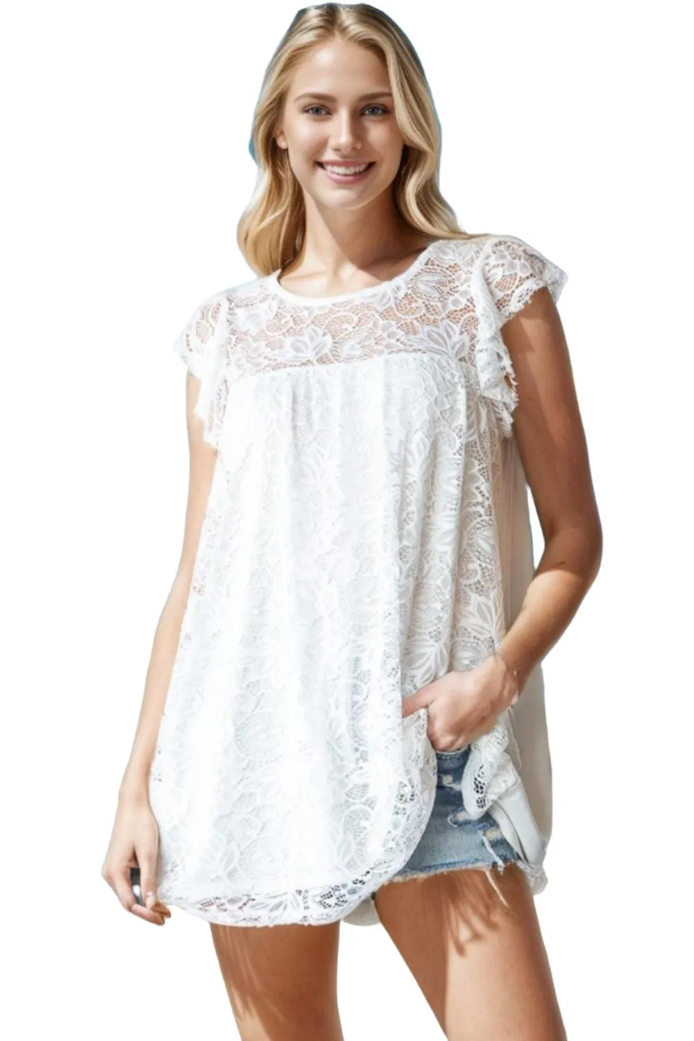Heimish Full Size Round Neck Cap Sleeve Lace Top