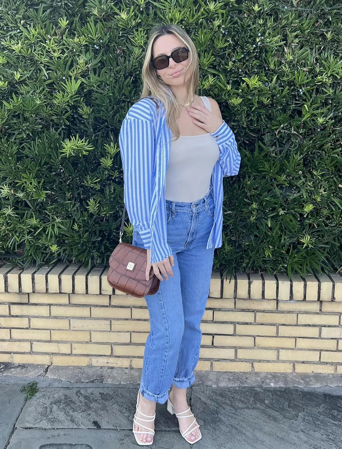 HOTOUCH Women's Striped Button Down Shirts Casual Long Sleeve Boyfriend Loose Collared Blouses Tops