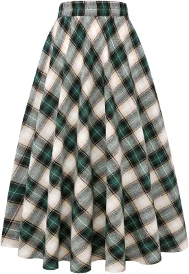 IDEALSANXUN Womens Plaid Skirt Elastic Waist A-line Midi Pleated Skirts
