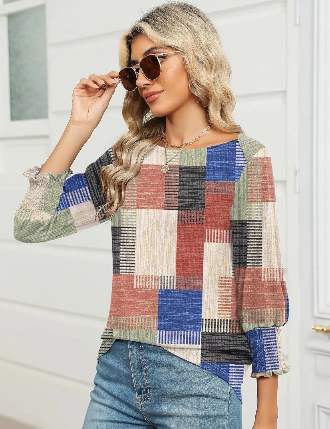 IECCP 3/4 Length Sleeve Womens Tops Summer 2025 Fashion Trendy Boat Crew Neck Smocked Work Dressy Casual T Shirt Blouses
