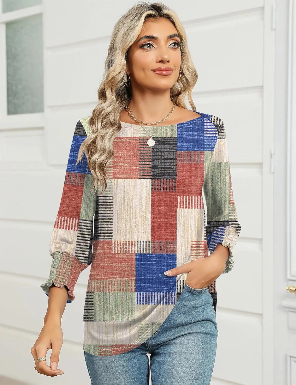 IECCP 3/4 Length Sleeve Womens Tops Summer 2025 Fashion Trendy Boat Crew Neck Smocked Work Dressy Casual T Shirt Blouses