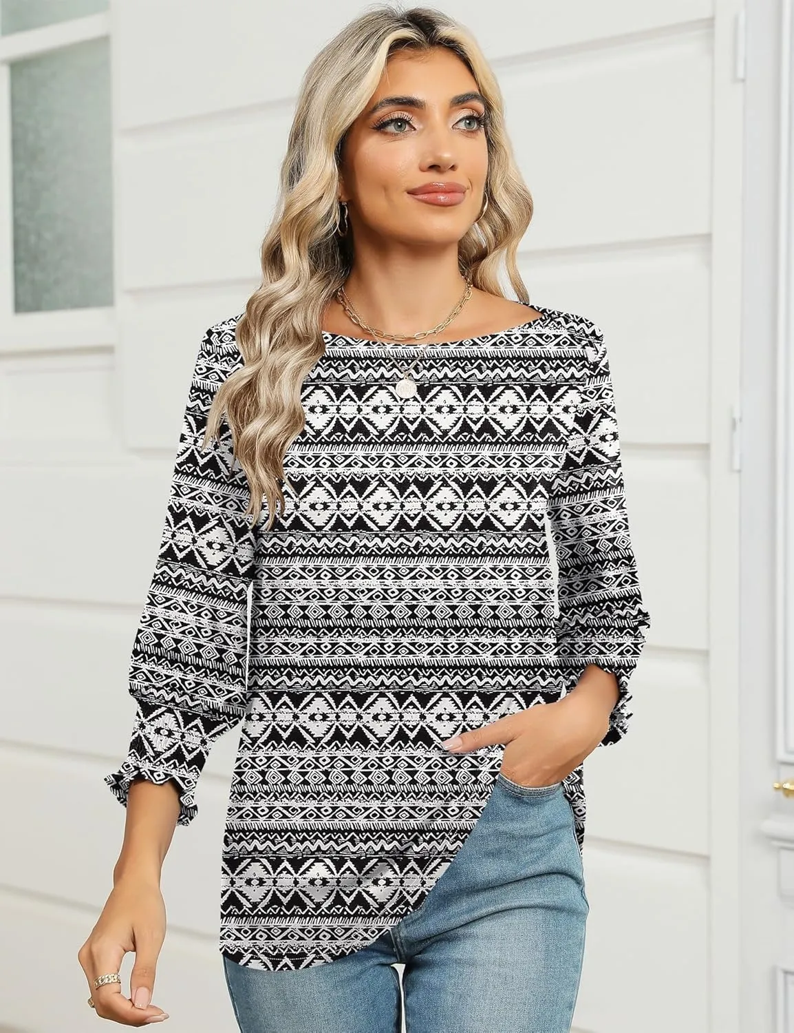 IECCP 3/4 Length Sleeve Womens Tops Summer 2025 Fashion Trendy Boat Crew Neck Smocked Work Dressy Casual T Shirt Blouses