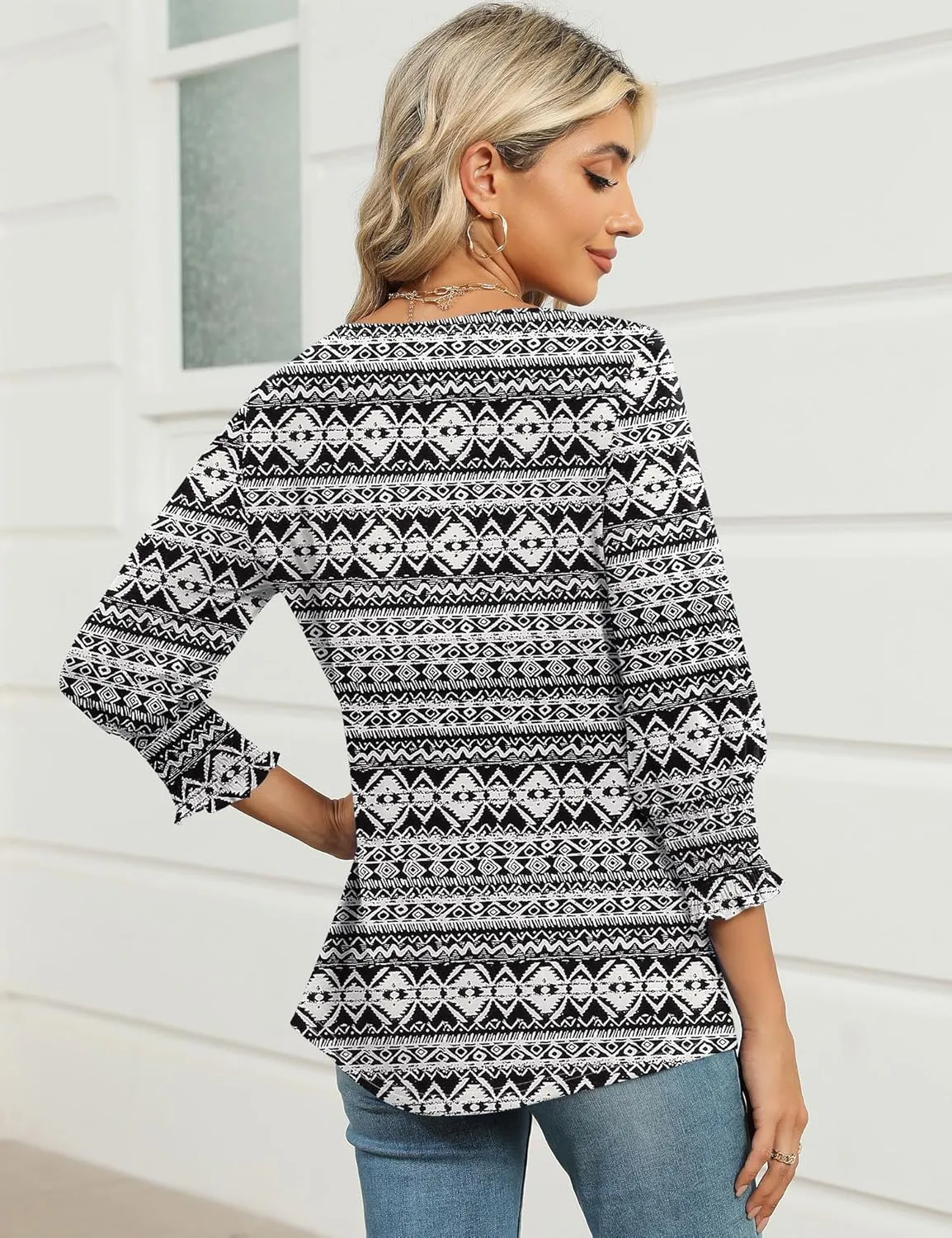 IECCP 3/4 Length Sleeve Womens Tops Summer 2025 Fashion Trendy Boat Crew Neck Smocked Work Dressy Casual T Shirt Blouses