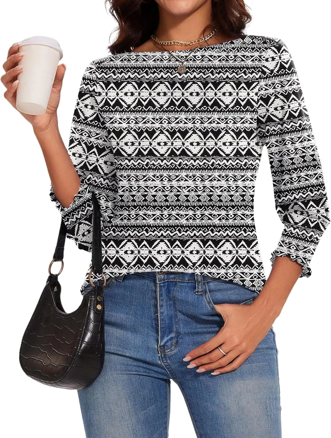 IECCP 3/4 Length Sleeve Womens Tops Summer 2025 Fashion Trendy Boat Crew Neck Smocked Work Dressy Casual T Shirt Blouses
