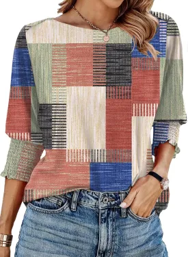 IECCP 3/4 Length Sleeve Womens Tops Summer 2025 Fashion Trendy Boat Crew Neck Smocked Work Dressy Casual T Shirt Blouses