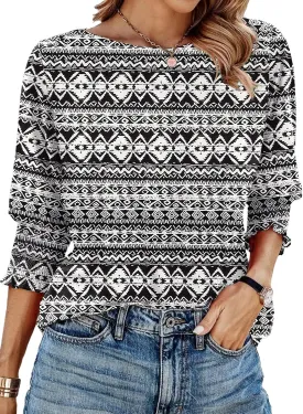 IECCP 3/4 Length Sleeve Womens Tops Summer 2025 Fashion Trendy Boat Crew Neck Smocked Work Dressy Casual T Shirt Blouses