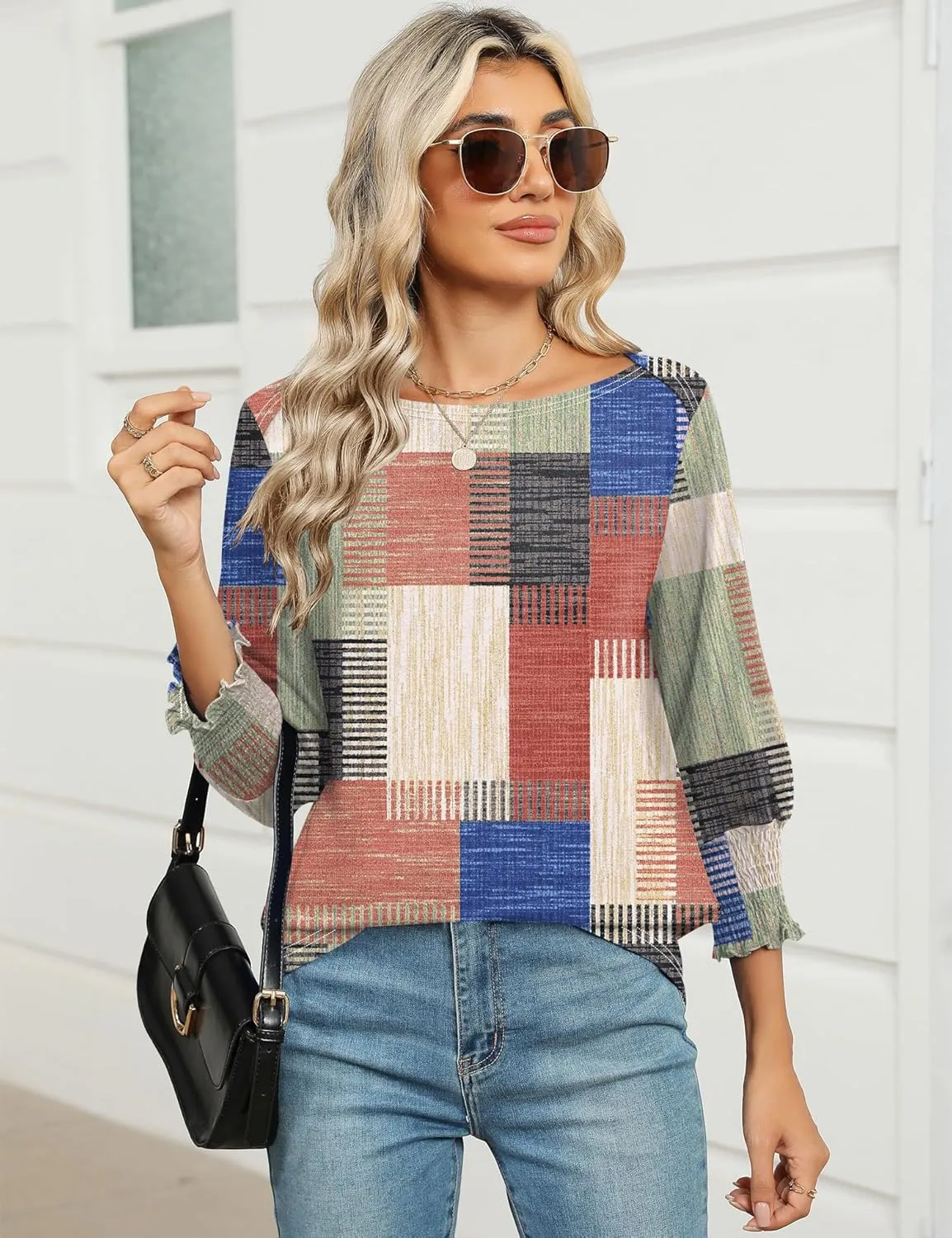 IECCP 3/4 Length Sleeve Womens Tops Summer 2025 Fashion Trendy Boat Crew Neck Smocked Work Dressy Casual T Shirt Blouses