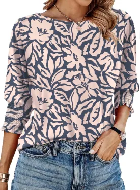 IECCP 3/4 Length Sleeve Womens Tops Summer 2025 Fashion Trendy Boat Crew Neck Smocked Work Dressy Casual T Shirt Blouses