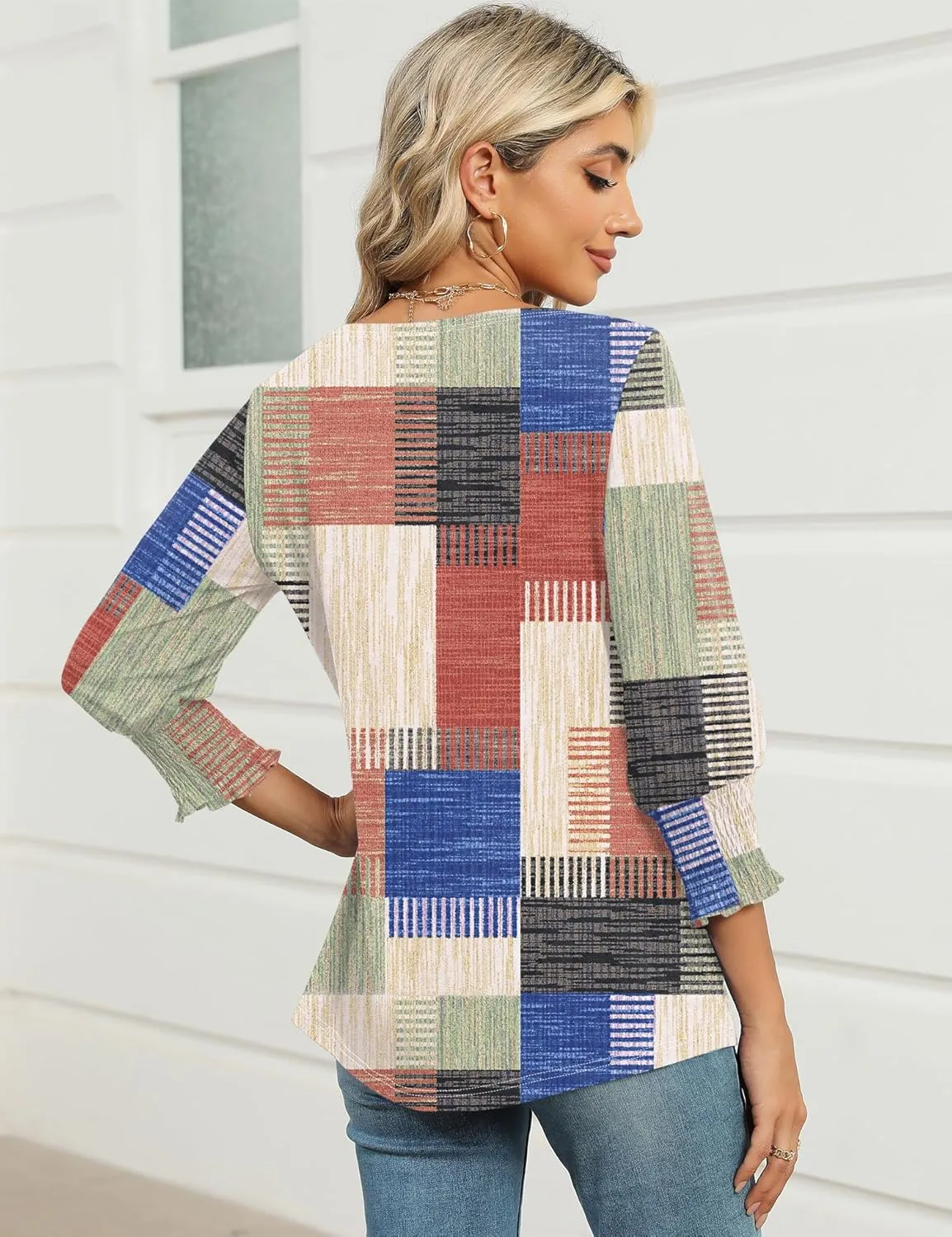 IECCP 3/4 Length Sleeve Womens Tops Summer 2025 Fashion Trendy Boat Crew Neck Smocked Work Dressy Casual T Shirt Blouses