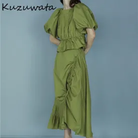 Joskaa Christmas Gift Kuzuwata Square Collar Back Bowknot Bandage Puff Sleeve Slim Waist Blouses Irregular Folds Skirts 2024 Summer New Women Clothes
