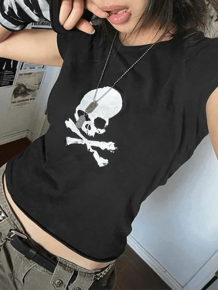 Joskaa Skull Print Short Sleeve Y2K Crop Top