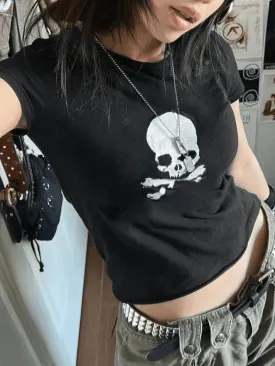 Joskaa Skull Print Short Sleeve Y2K Crop Top