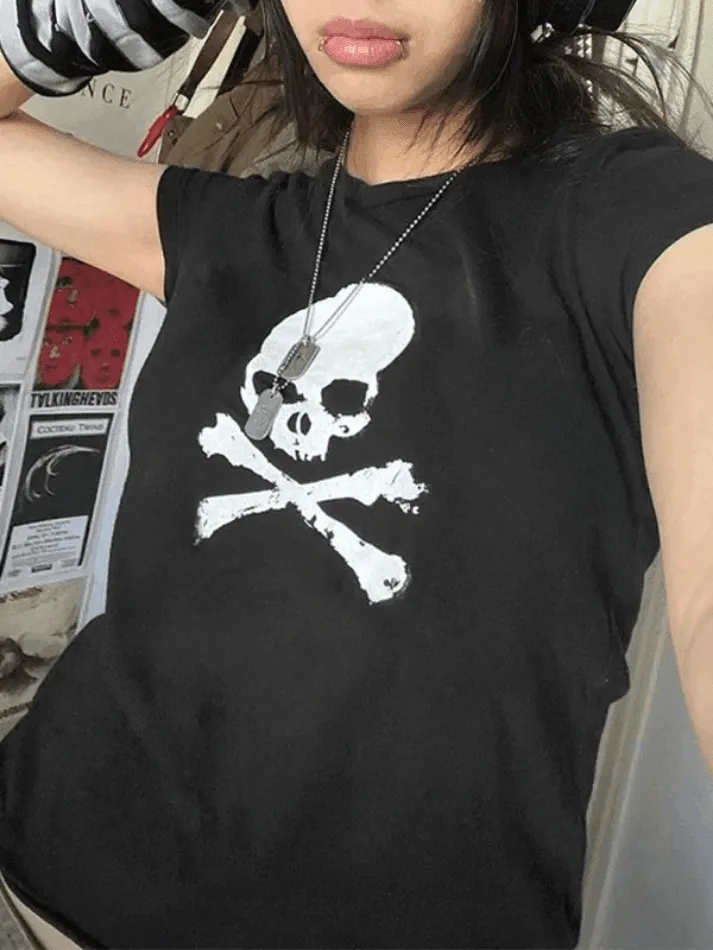 Joskaa Skull Print Short Sleeve Y2K Crop Top