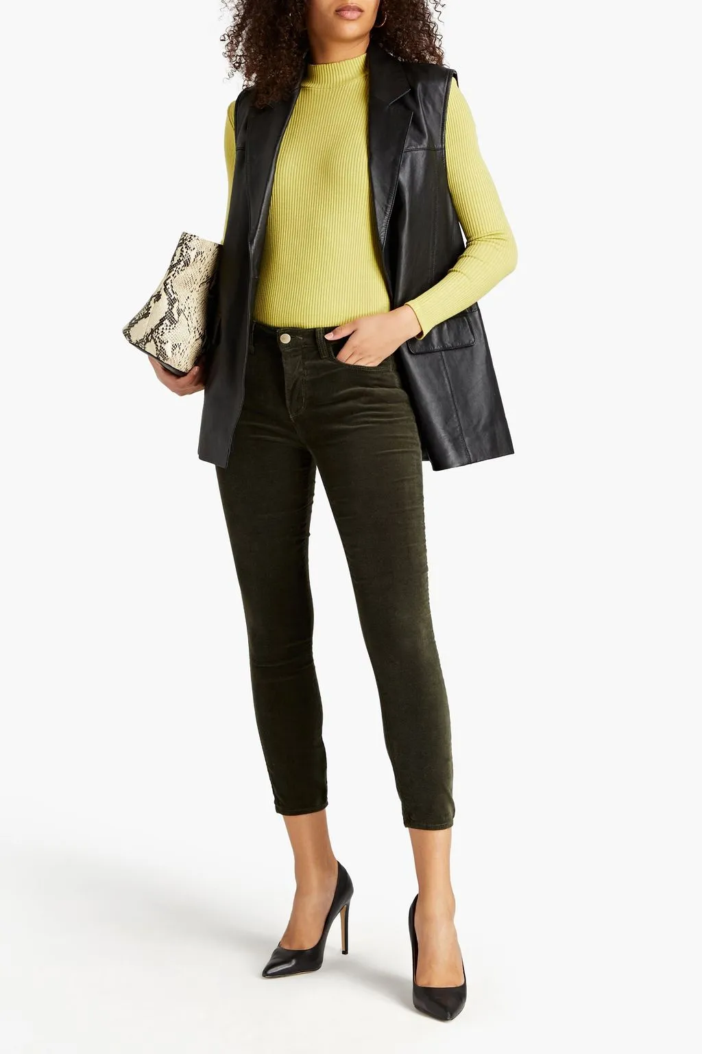 L'AGENCE Margot Cropped Velvet Cotton Blend Skinny Pants, Green