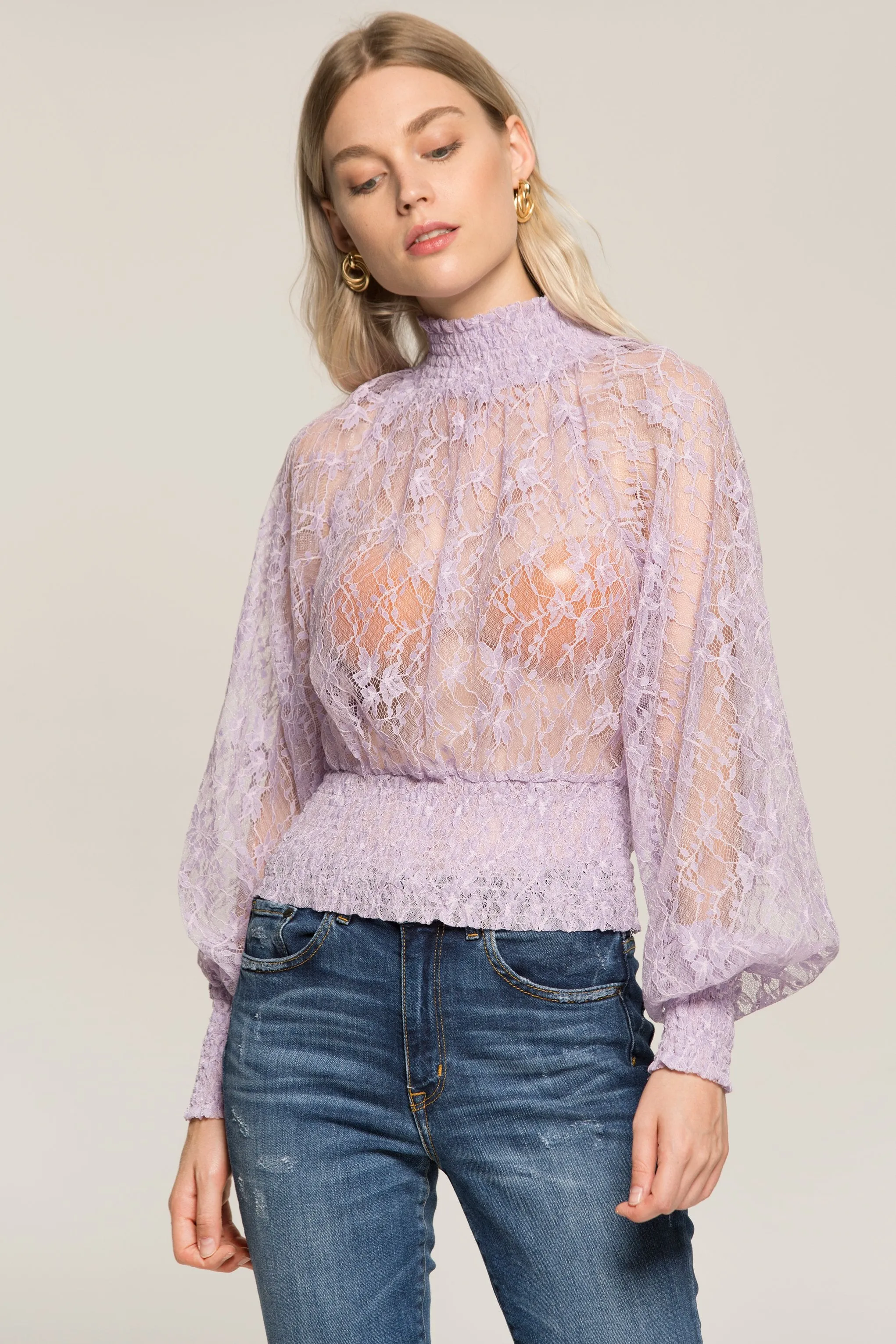 Lilac Sheer Smocked Neck and Waist Top