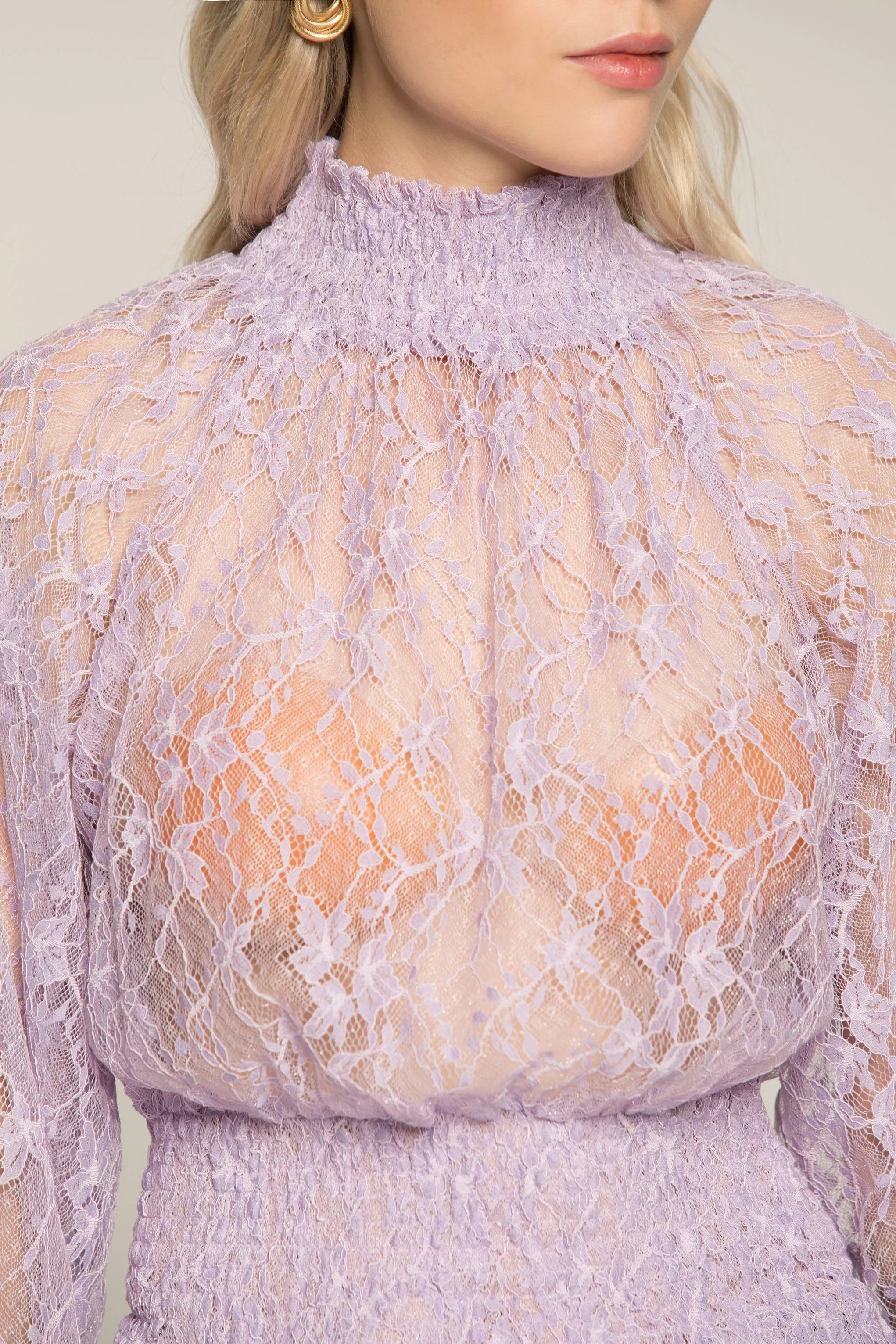 Lilac Sheer Smocked Neck and Waist Top