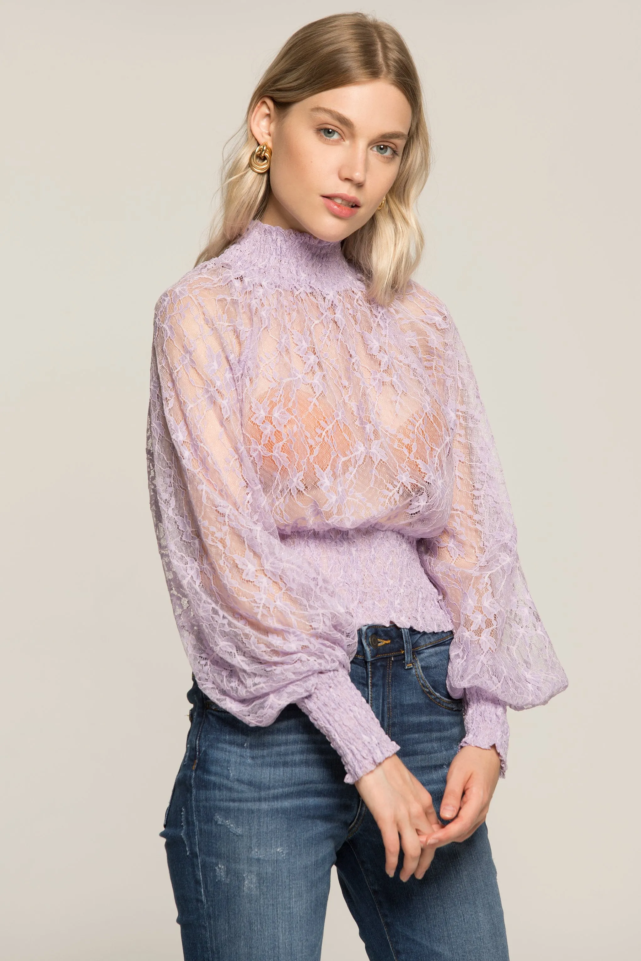 Lilac Sheer Smocked Neck and Waist Top