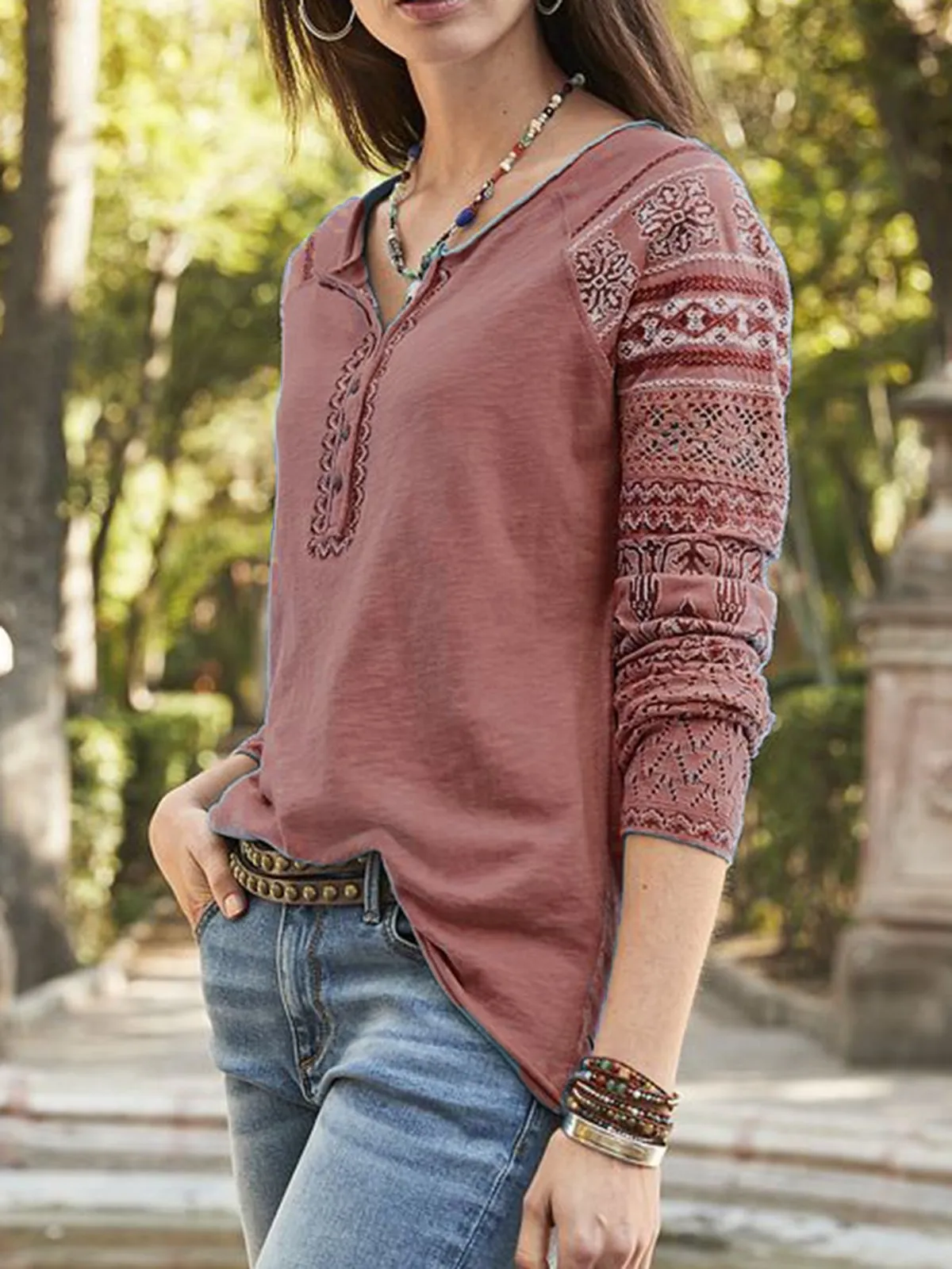 Long Sleeve Cotton V Neck Tops