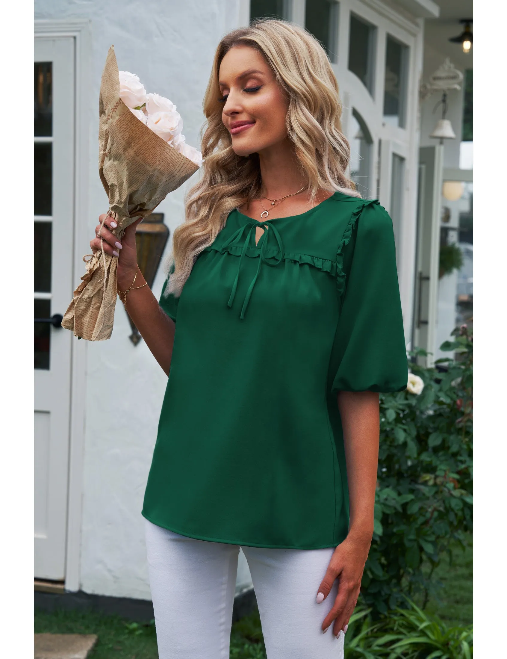 luvamia Womens Blouses and Tops Dressy Casual Business Tie Neck Ruffle Puff Sleeve Work Dress Shirt