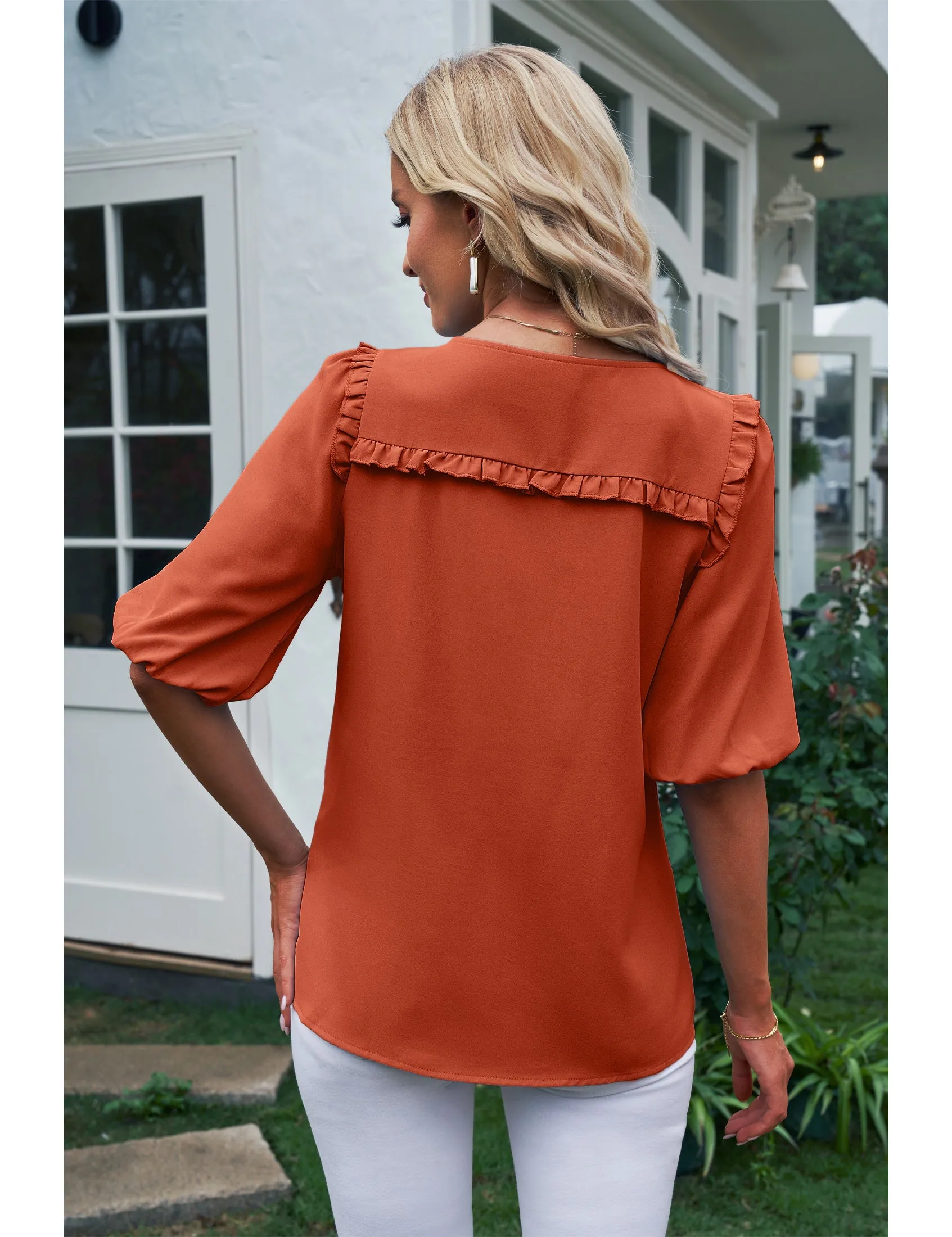 luvamia Womens Blouses and Tops Dressy Casual Business Tie Neck Ruffle Puff Sleeve Work Dress Shirt