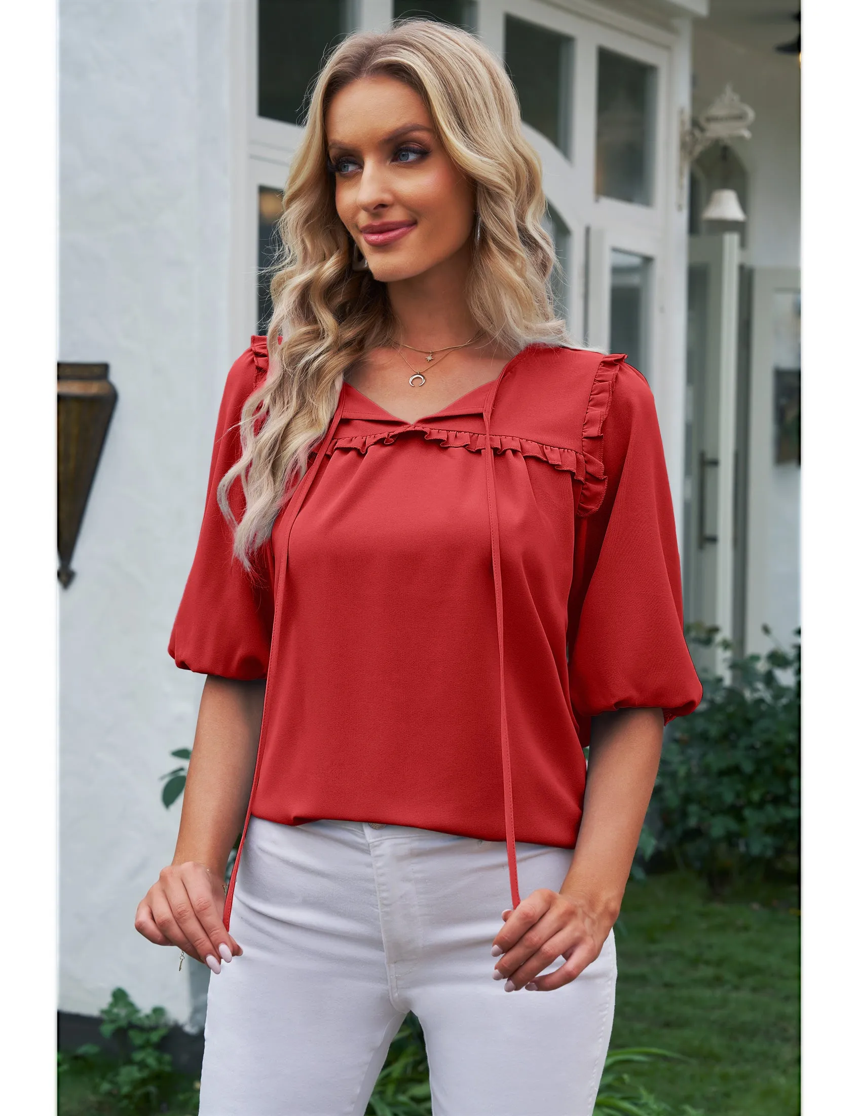 luvamia Womens Blouses and Tops Dressy Casual Business Tie Neck Ruffle Puff Sleeve Work Dress Shirt