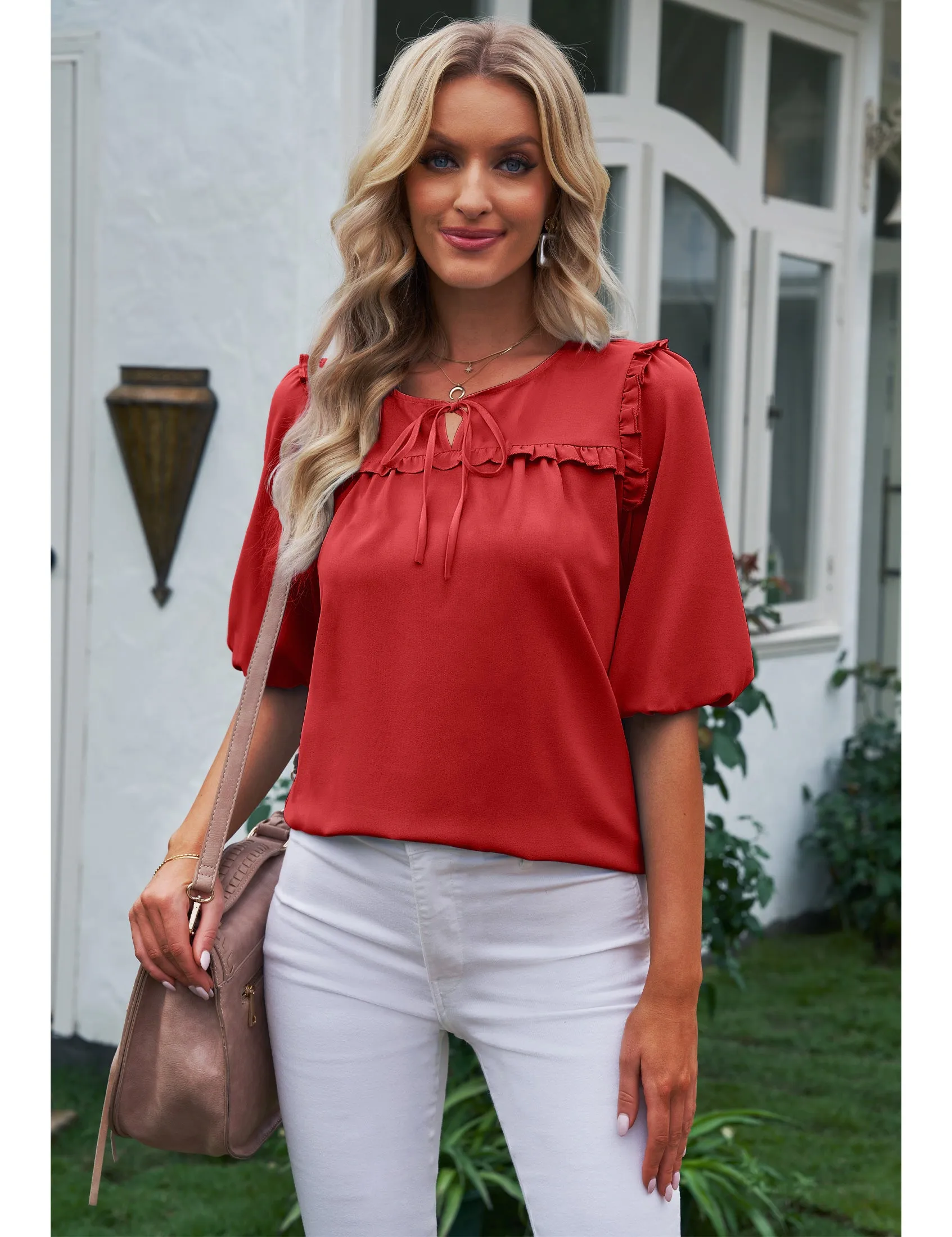 luvamia Womens Blouses and Tops Dressy Casual Business Tie Neck Ruffle Puff Sleeve Work Dress Shirt