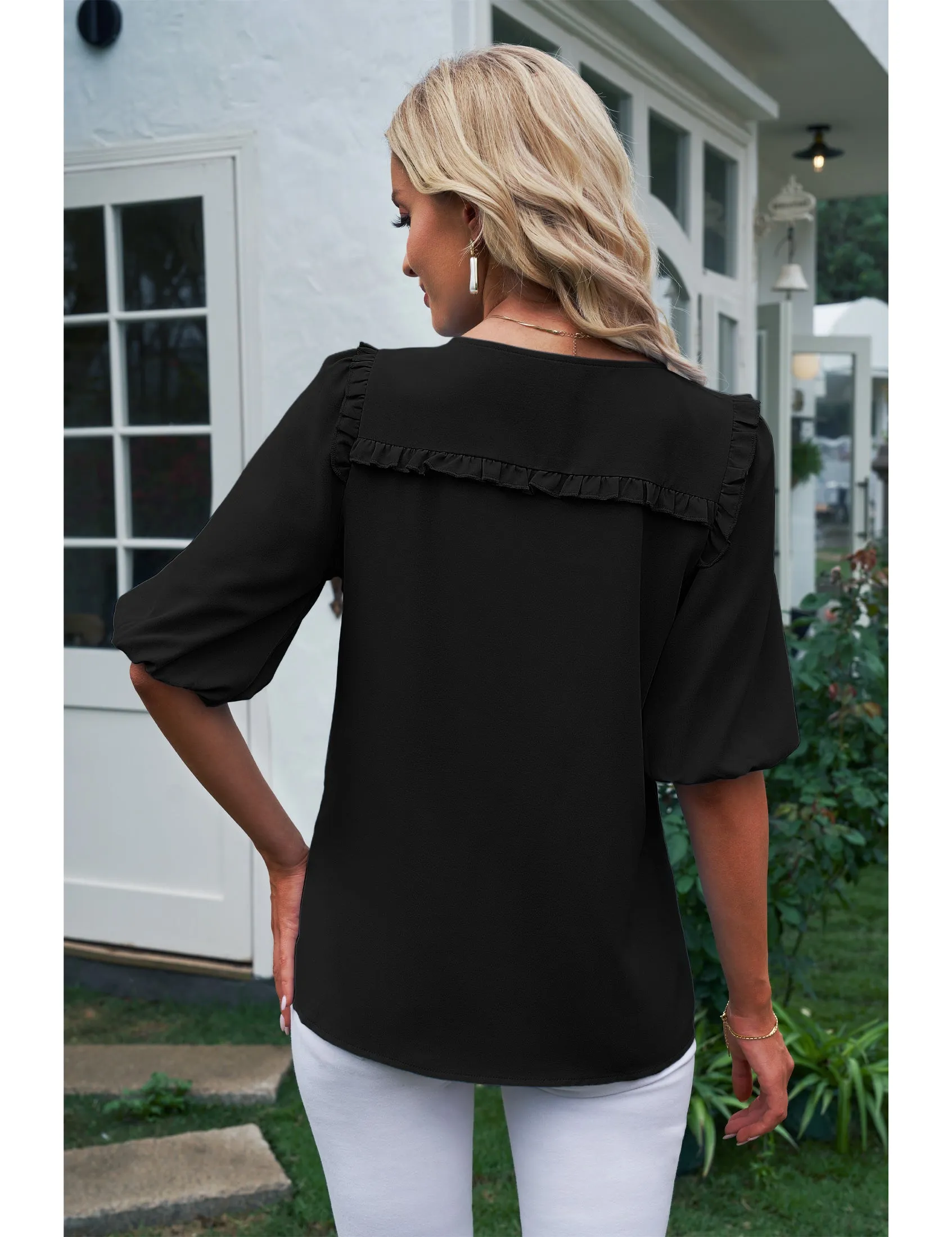 luvamia Womens Blouses and Tops Dressy Casual Business Tie Neck Ruffle Puff Sleeve Work Dress Shirt