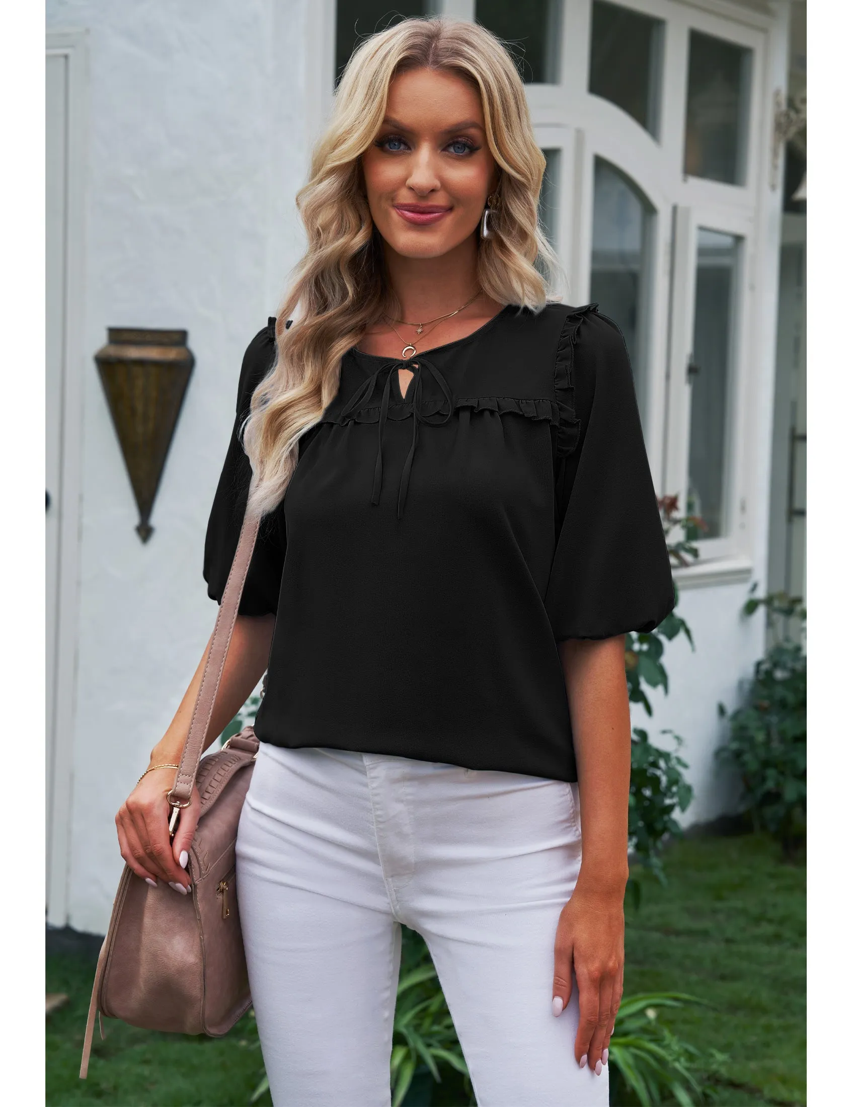 luvamia Womens Blouses and Tops Dressy Casual Business Tie Neck Ruffle Puff Sleeve Work Dress Shirt