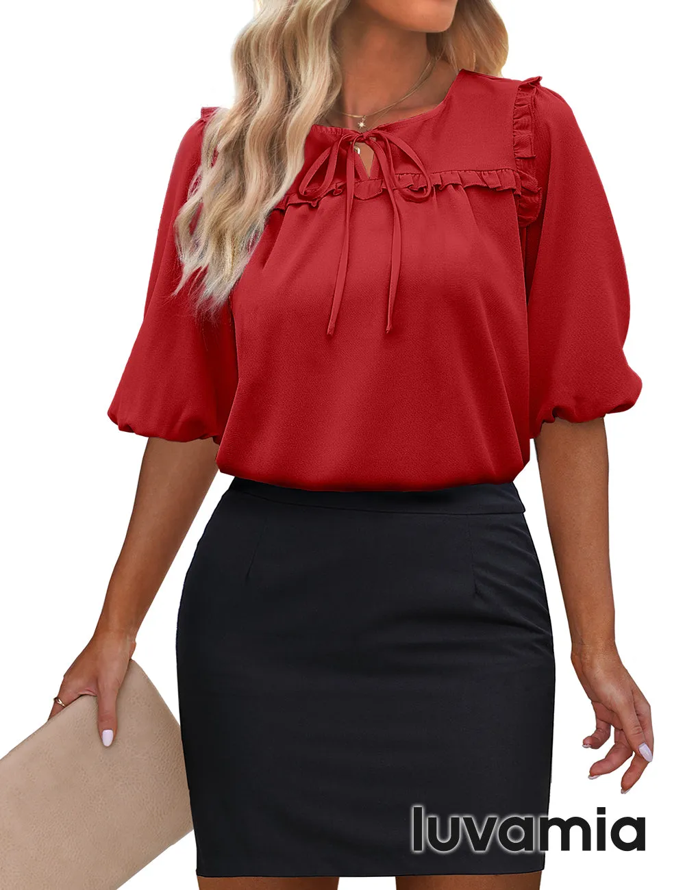luvamia Womens Blouses and Tops Dressy Casual Business Tie Neck Ruffle Puff Sleeve Work Dress Shirt