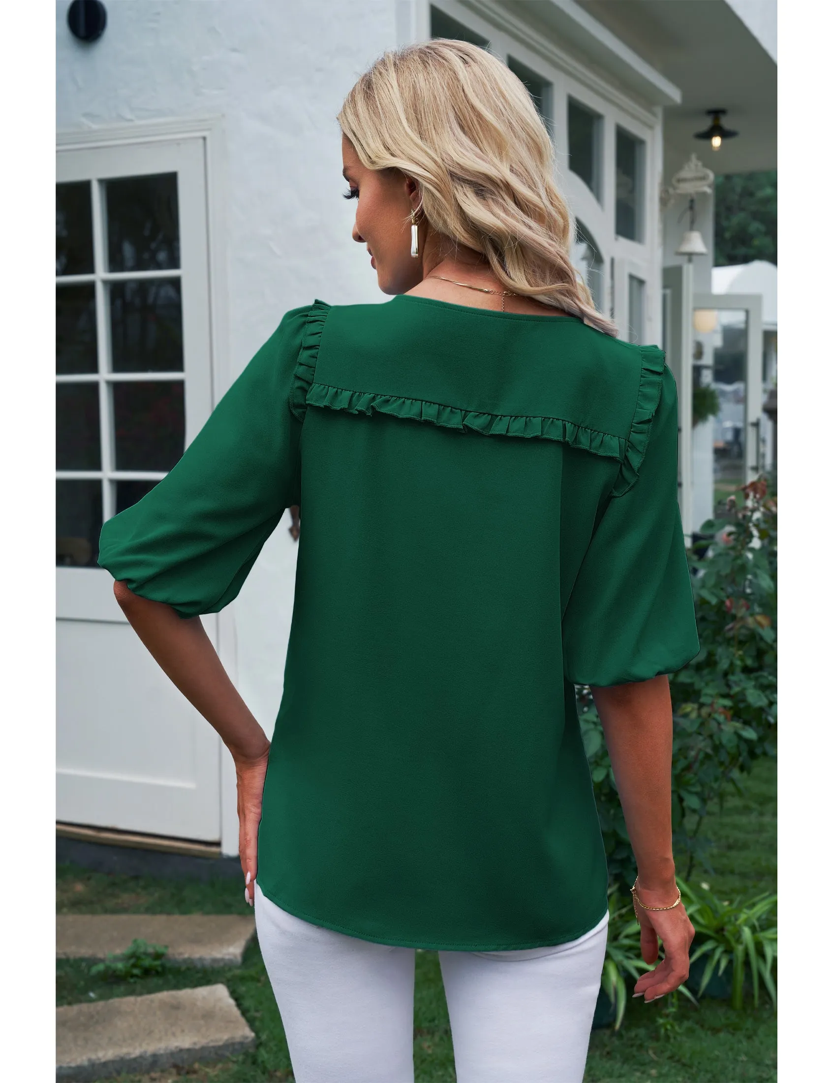 luvamia Womens Blouses and Tops Dressy Casual Business Tie Neck Ruffle Puff Sleeve Work Dress Shirt