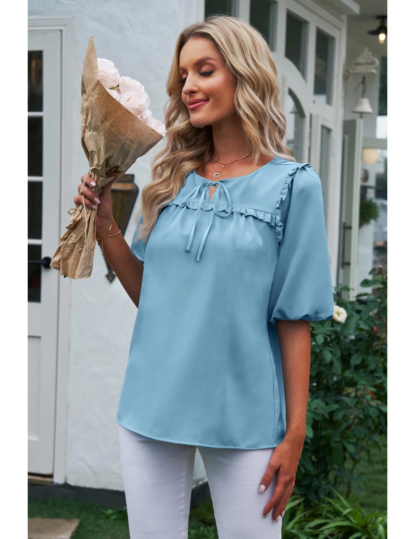 luvamia Womens Blouses and Tops Dressy Casual Business Tie Neck Ruffle Puff Sleeve Work Dress Shirt