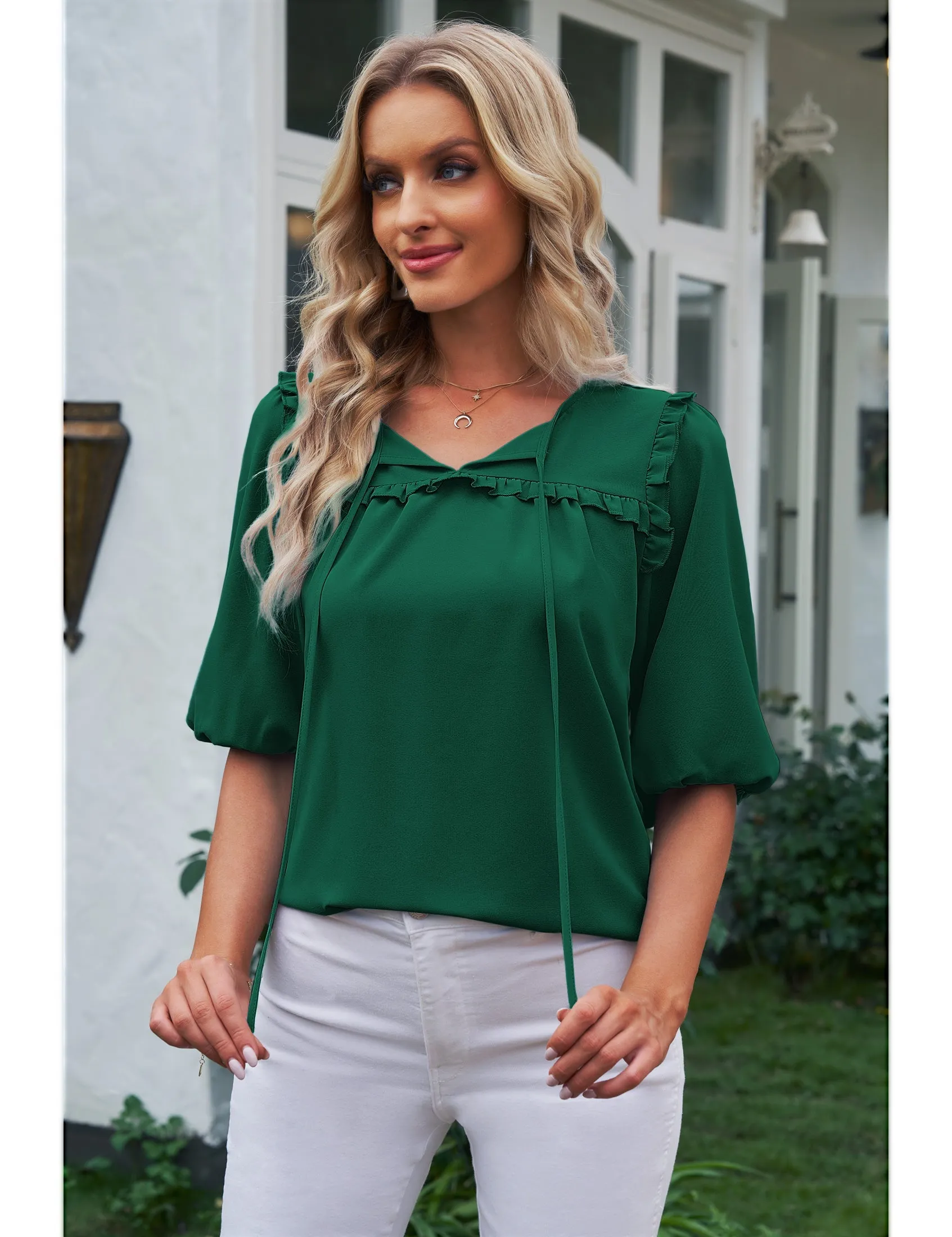 luvamia Womens Blouses and Tops Dressy Casual Business Tie Neck Ruffle Puff Sleeve Work Dress Shirt