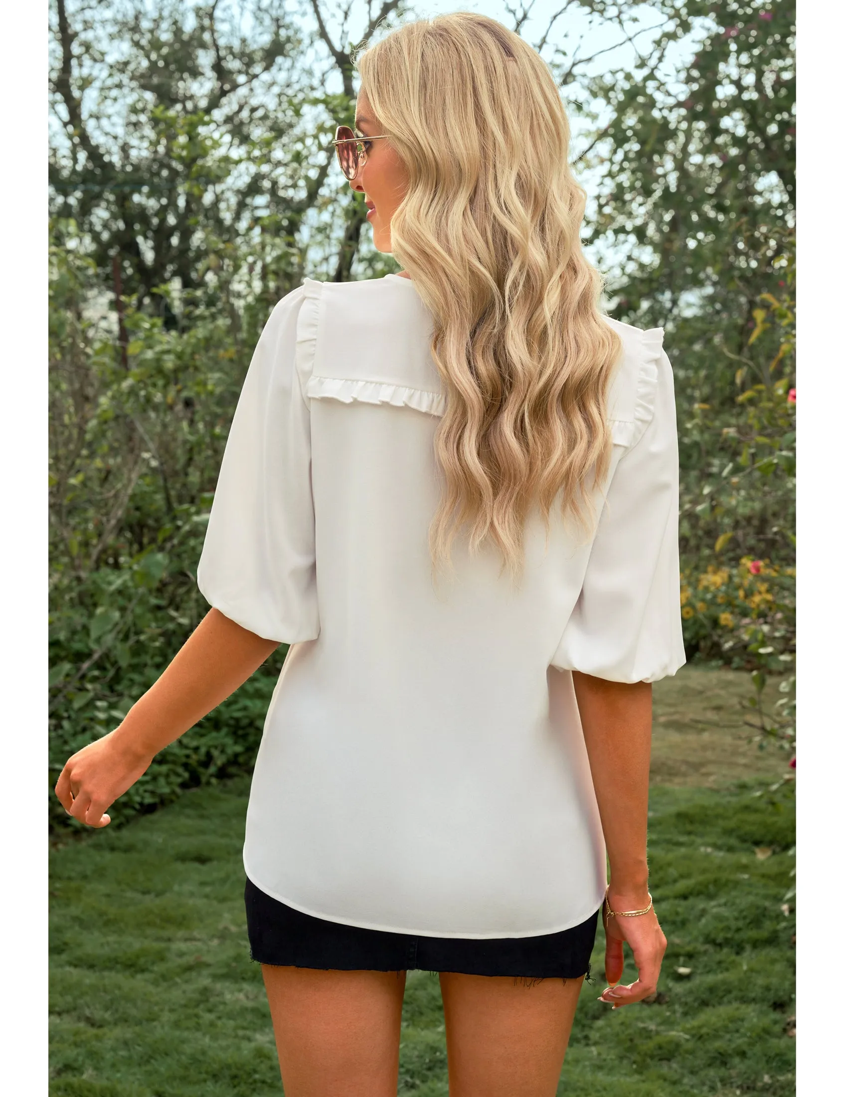 luvamia Womens Blouses and Tops Dressy Casual Business Tie Neck Ruffle Puff Sleeve Work Dress Shirt