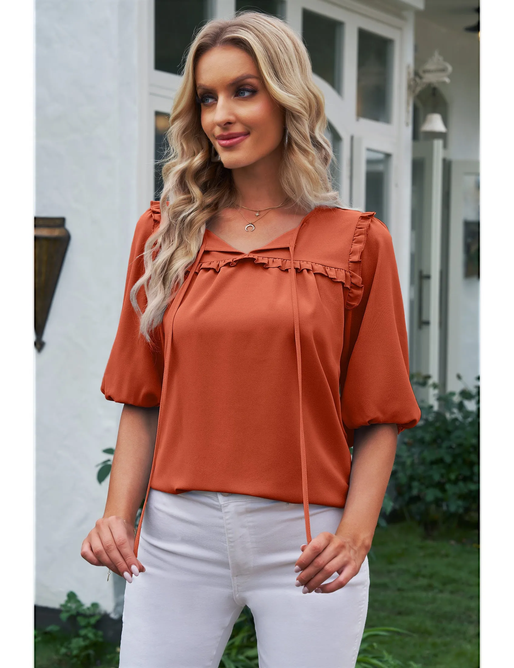 luvamia Womens Blouses and Tops Dressy Casual Business Tie Neck Ruffle Puff Sleeve Work Dress Shirt