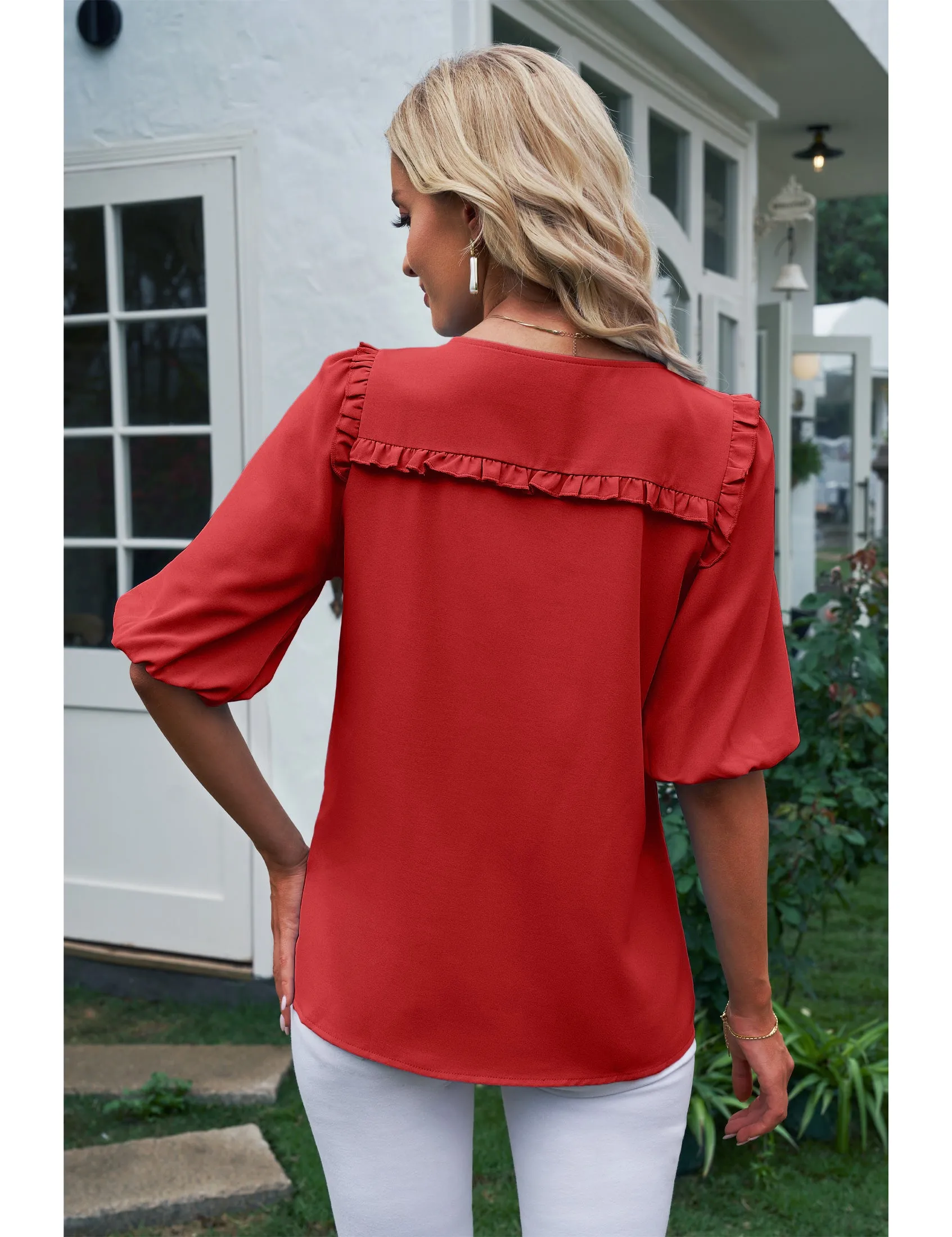 luvamia Womens Blouses and Tops Dressy Casual Business Tie Neck Ruffle Puff Sleeve Work Dress Shirt