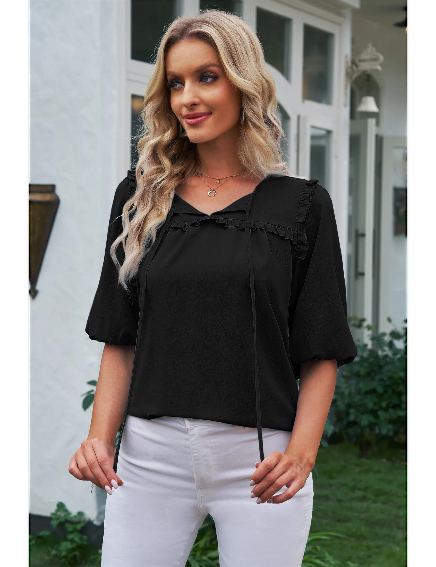 luvamia Womens Blouses and Tops Dressy Casual Business Tie Neck Ruffle Puff Sleeve Work Dress Shirt