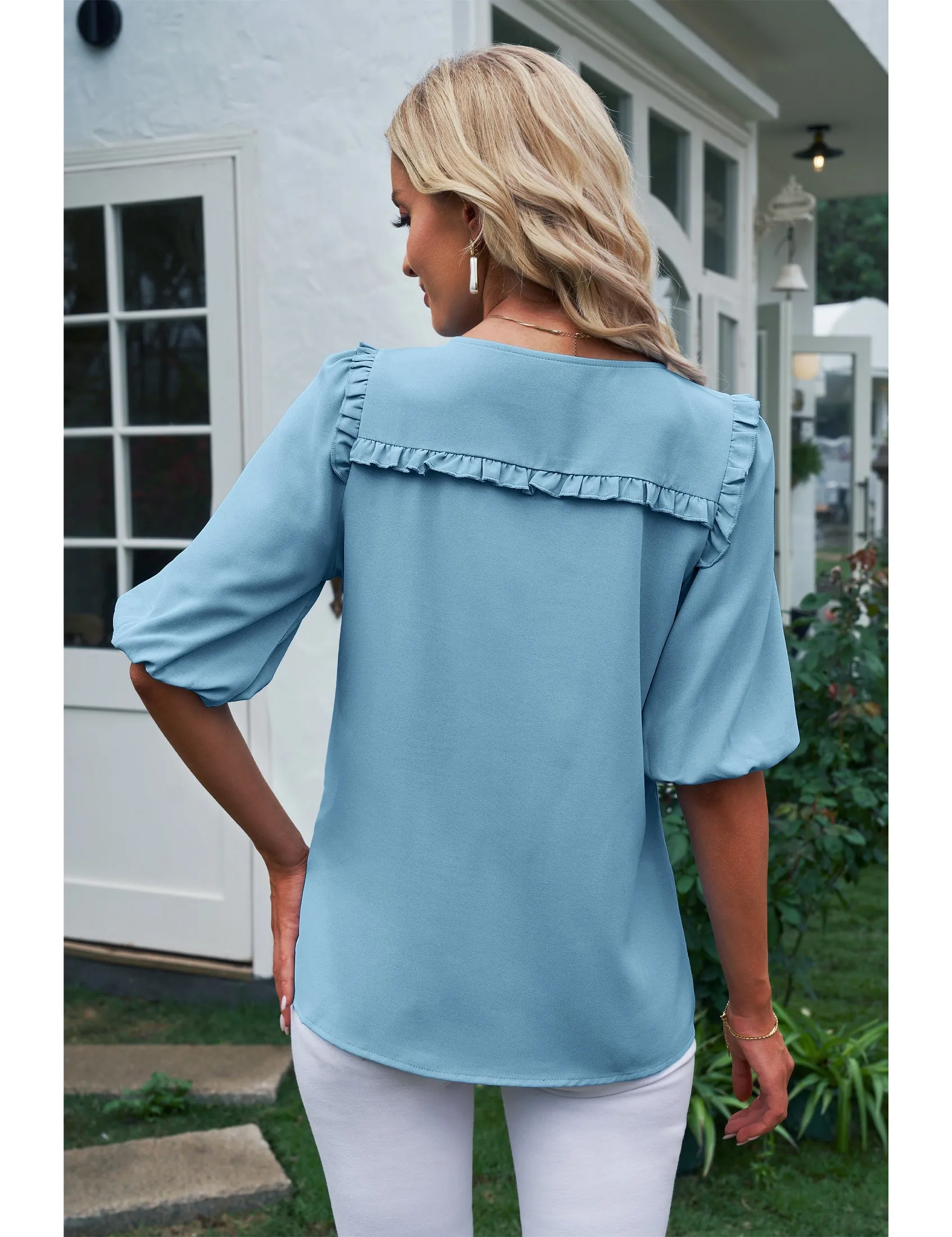 luvamia Womens Blouses and Tops Dressy Casual Business Tie Neck Ruffle Puff Sleeve Work Dress Shirt