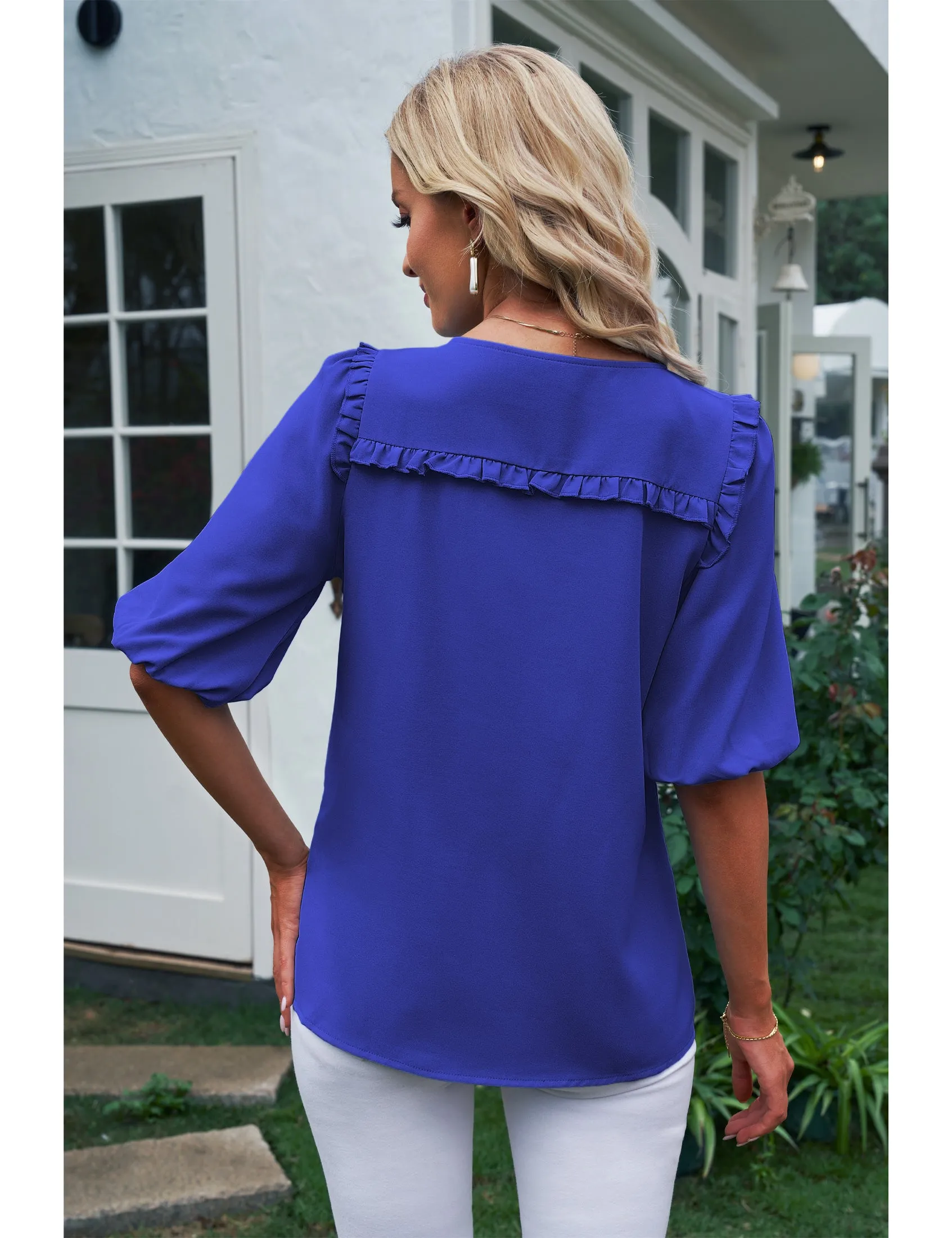 luvamia Womens Blouses and Tops Dressy Casual Business Tie Neck Ruffle Puff Sleeve Work Dress Shirt