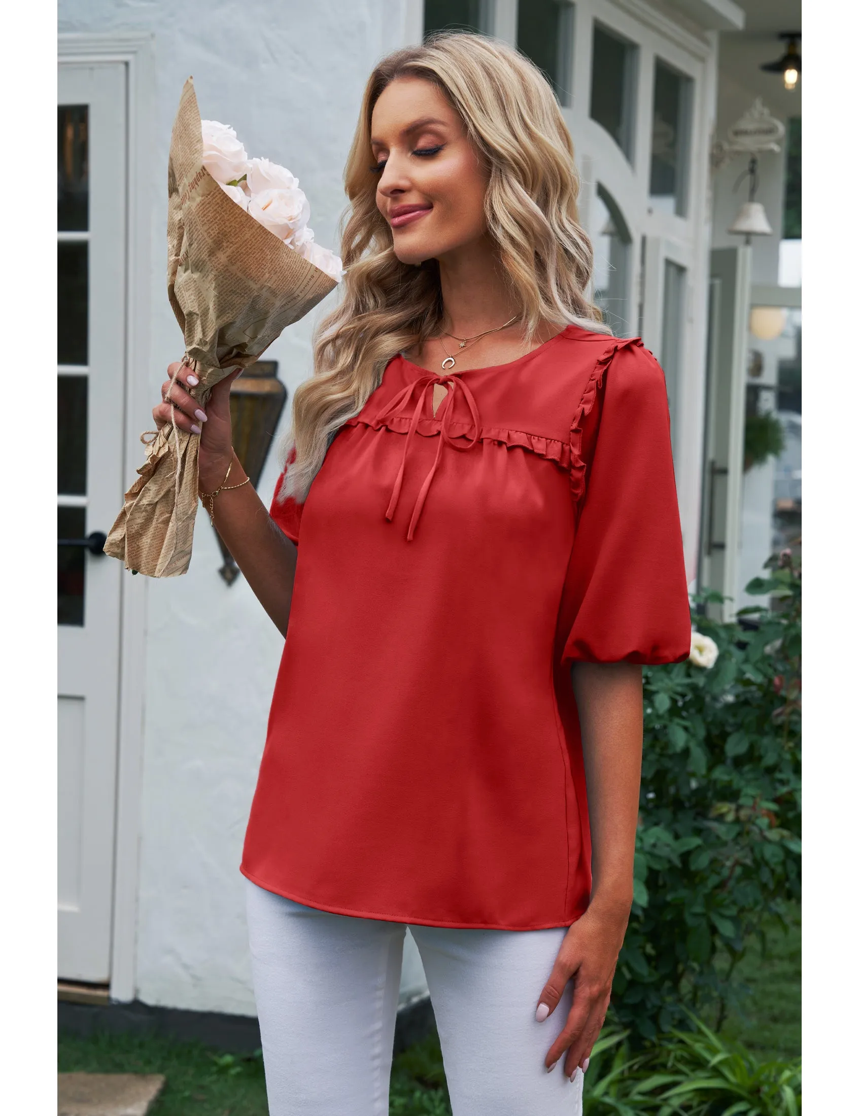 luvamia Womens Blouses and Tops Dressy Casual Business Tie Neck Ruffle Puff Sleeve Work Dress Shirt