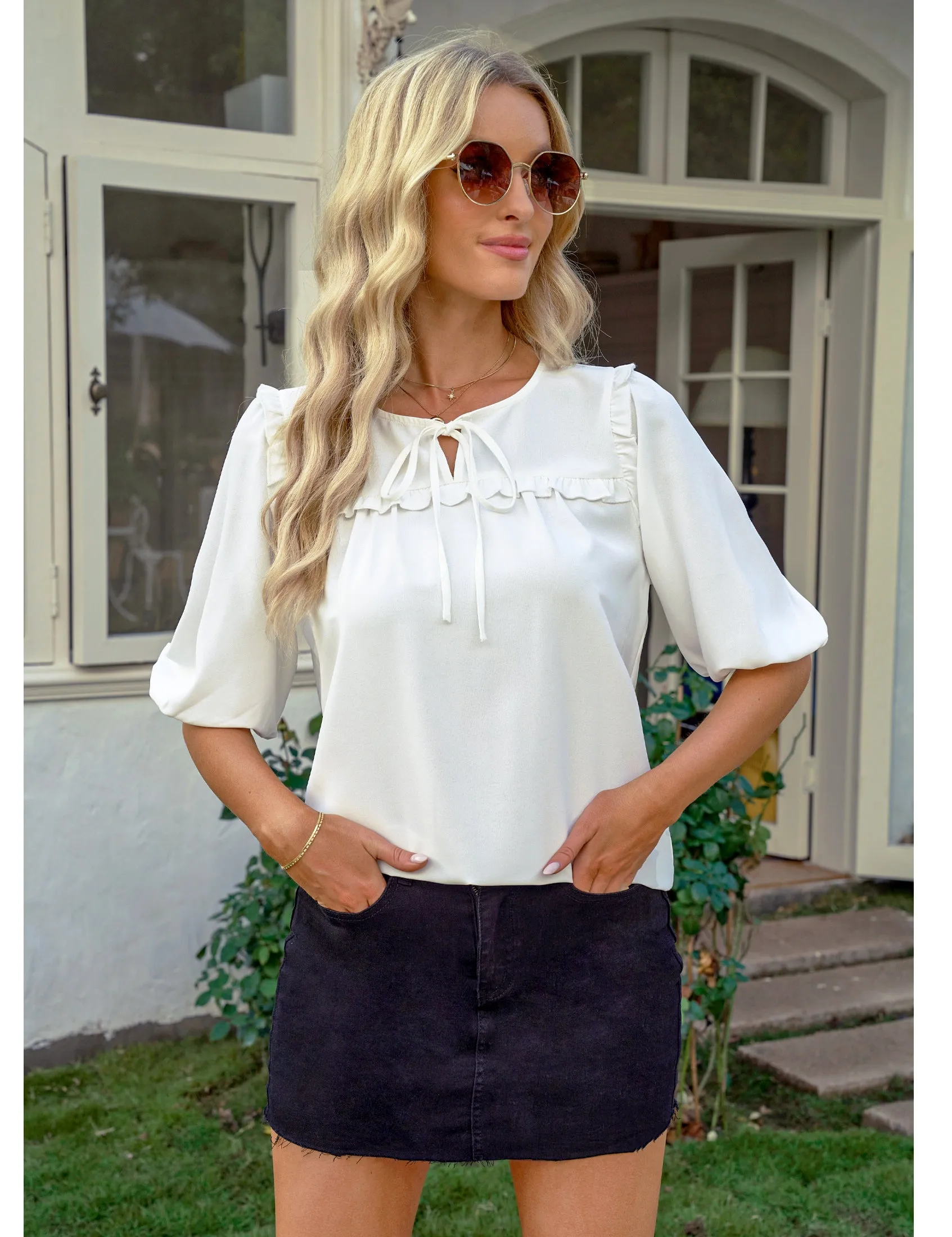 luvamia Womens Blouses and Tops Dressy Casual Business Tie Neck Ruffle Puff Sleeve Work Dress Shirt