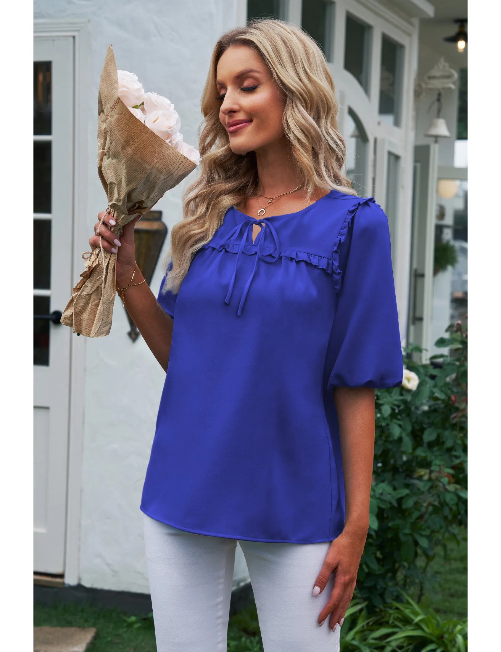 luvamia Womens Blouses and Tops Dressy Casual Business Tie Neck Ruffle Puff Sleeve Work Dress Shirt