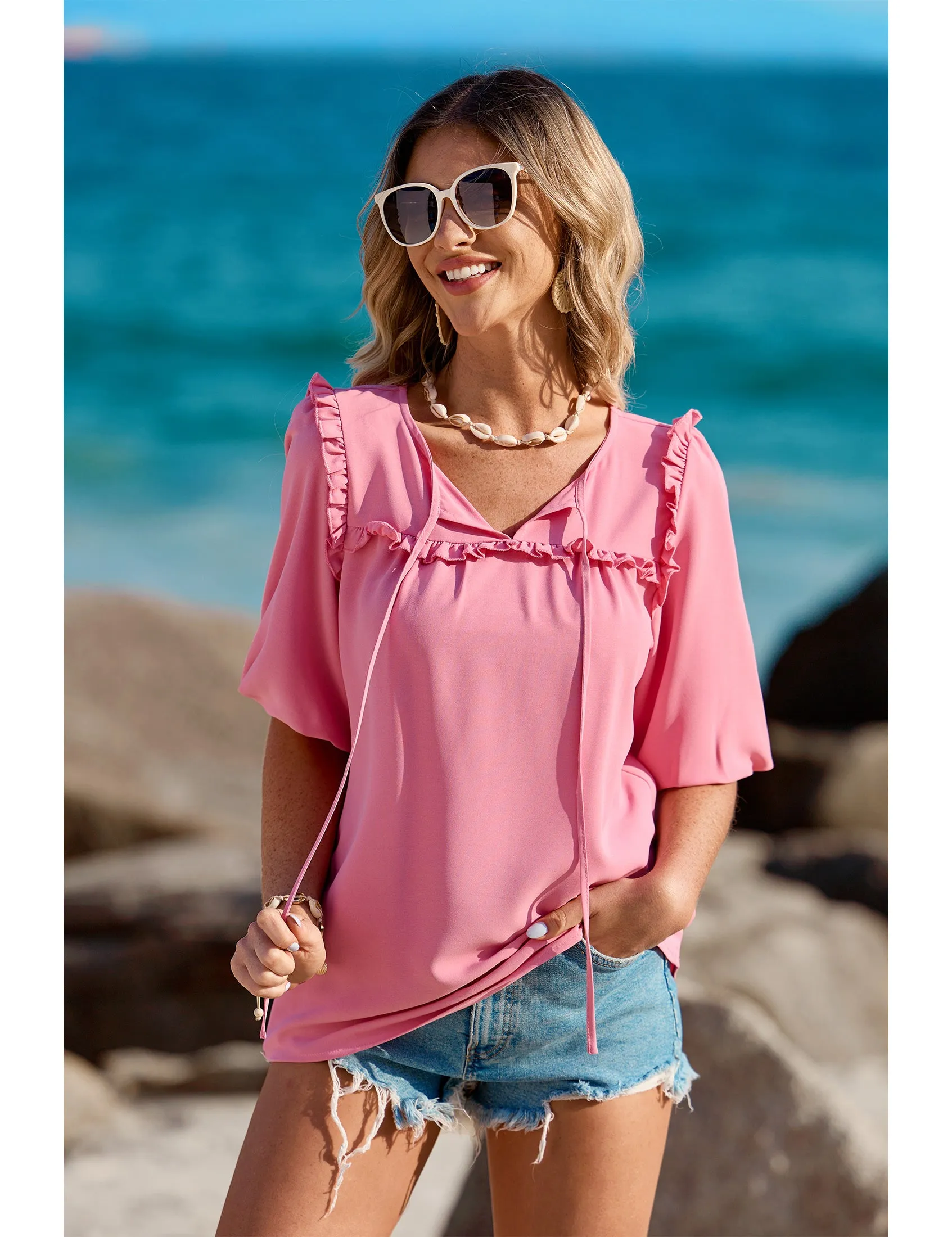 luvamia Womens Blouses and Tops Dressy Casual Business Tie Neck Ruffle Puff Sleeve Work Dress Shirt