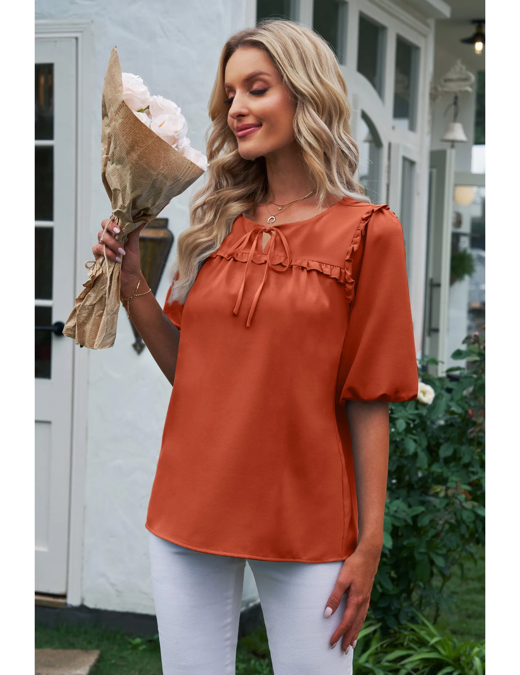 luvamia Womens Blouses and Tops Dressy Casual Business Tie Neck Ruffle Puff Sleeve Work Dress Shirt