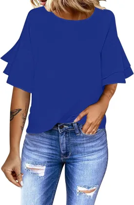 luvamia Women's Casual 3/4 Tiered Bell Sleeve Crewneck Loose Tops Blouses Shirt