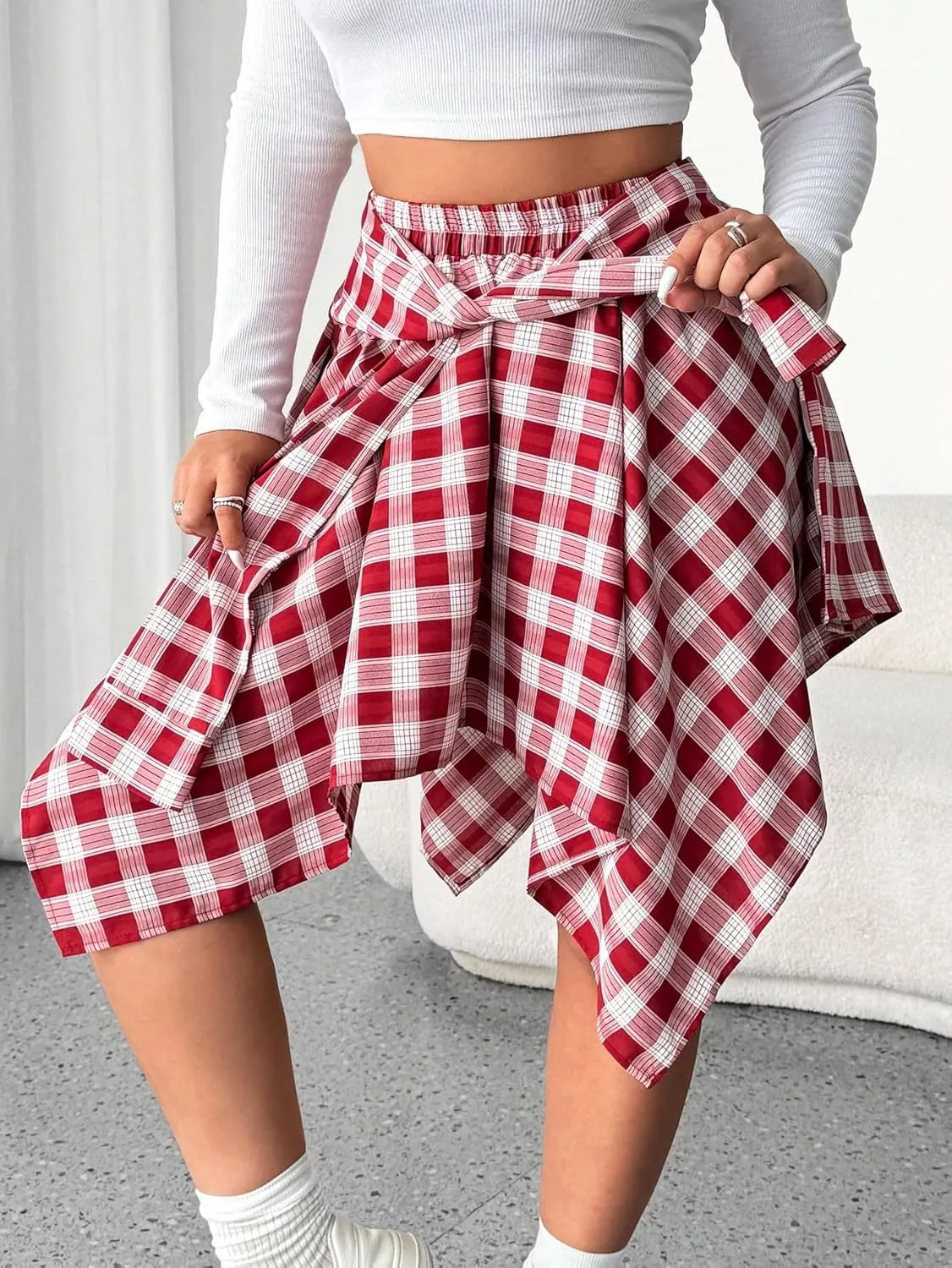 MakeMeChic Women's Plus Size Plaid Elastic High Waisted Tie Front Asymmetrical Hem Skater Mini Skirts