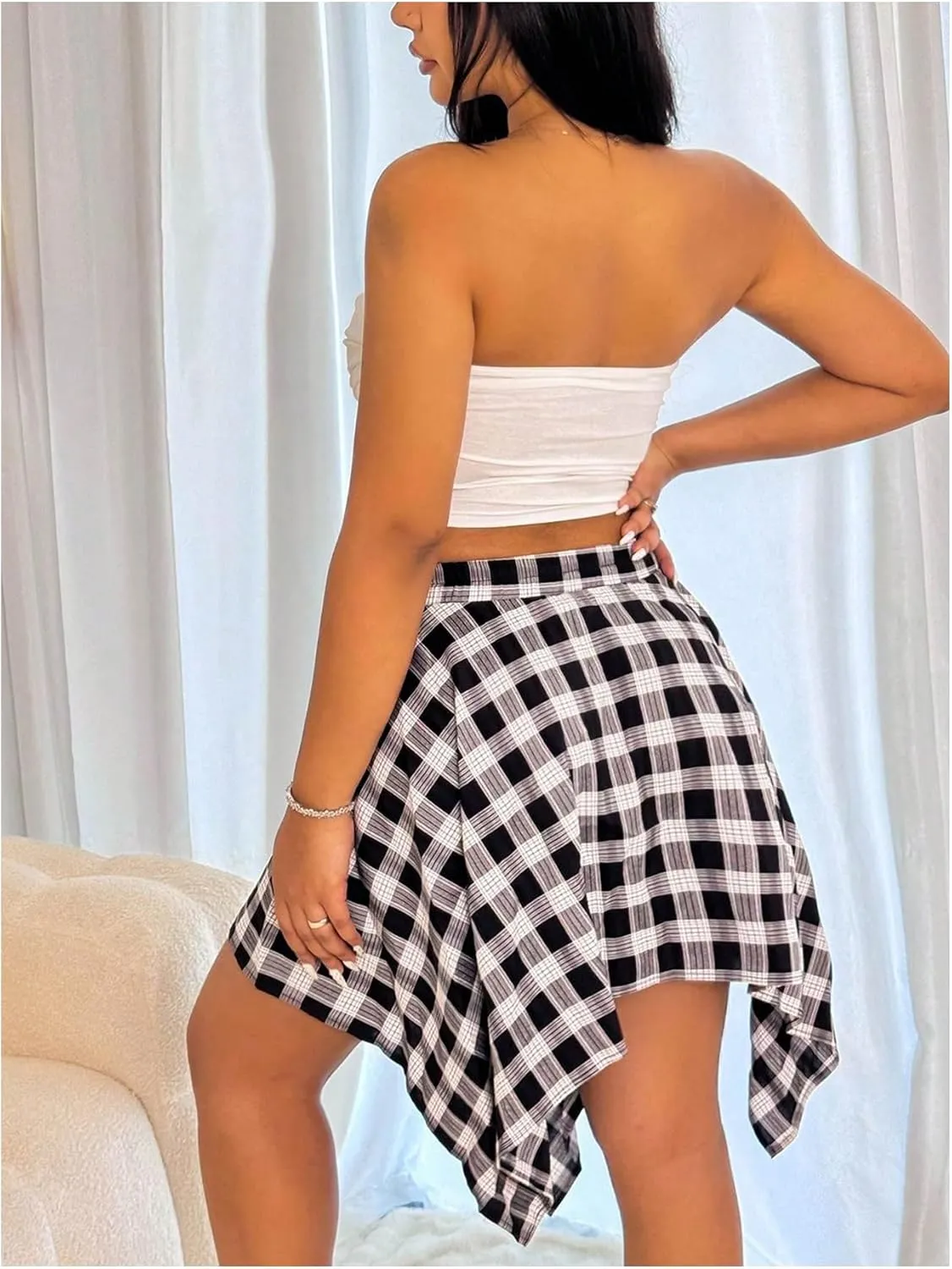 MakeMeChic Women's Plus Size Plaid Elastic High Waisted Tie Front Asymmetrical Hem Skater Mini Skirts