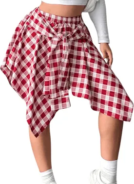 MakeMeChic Women's Plus Size Plaid Elastic High Waisted Tie Front Asymmetrical Hem Skater Mini Skirts