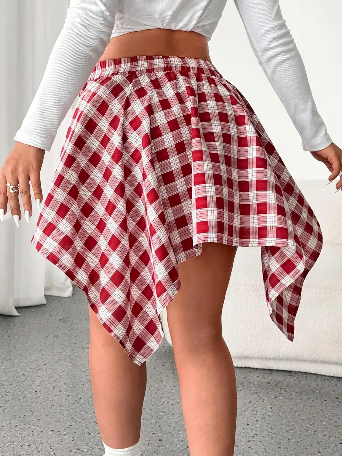 MakeMeChic Women's Plus Size Plaid Elastic High Waisted Tie Front Asymmetrical Hem Skater Mini Skirts