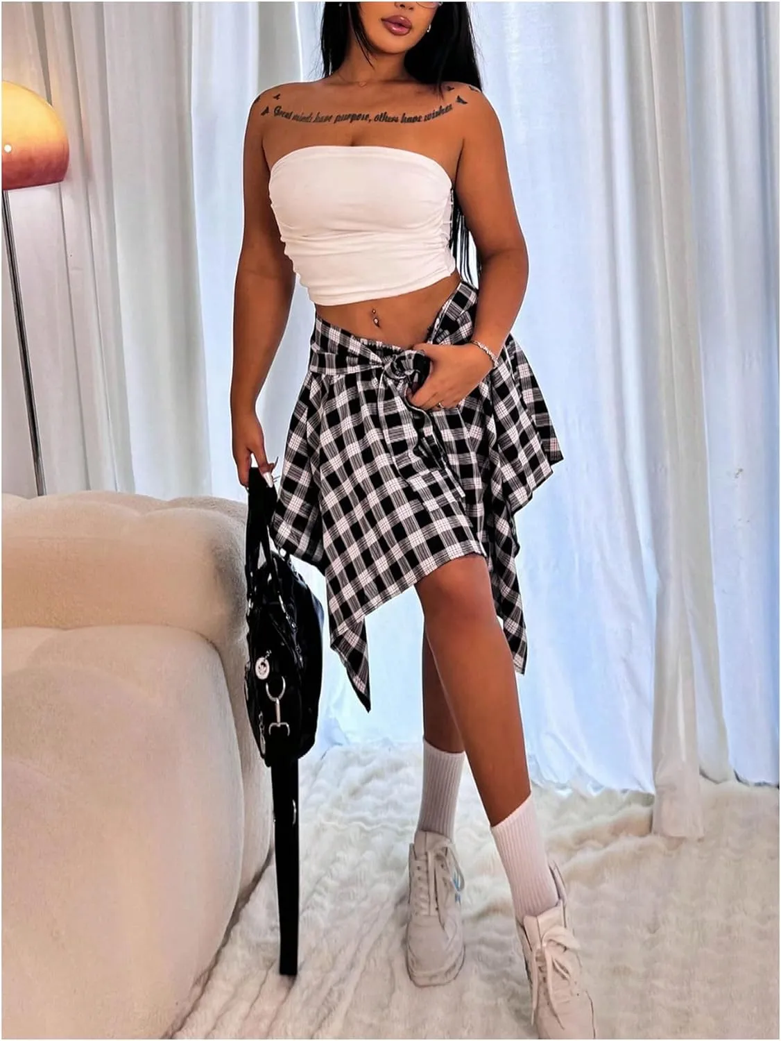 MakeMeChic Women's Plus Size Plaid Elastic High Waisted Tie Front Asymmetrical Hem Skater Mini Skirts