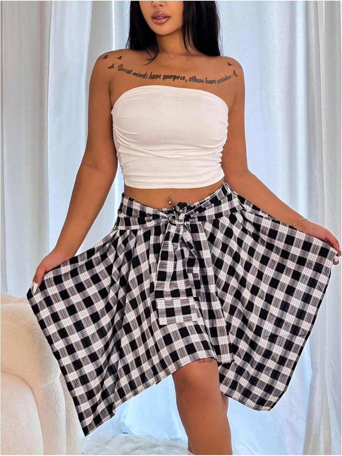 MakeMeChic Women's Plus Size Plaid Elastic High Waisted Tie Front Asymmetrical Hem Skater Mini Skirts